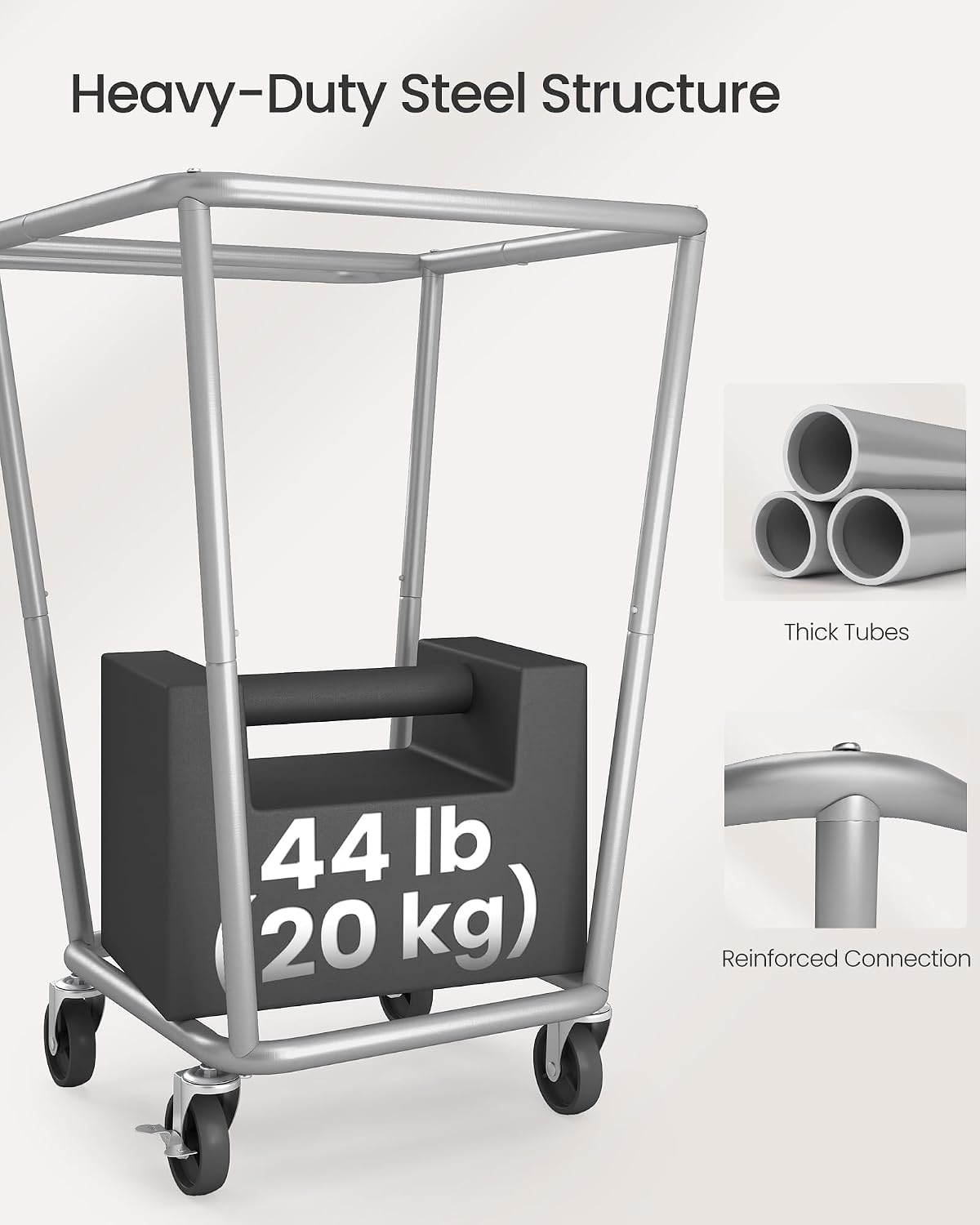 SONGMICS Laundry Basket with Wheels, 3-Section Laundry Sorter, 76.6 Gallons (290 L) Rolling Hamper with Removable Bags, Heavy-Duty Steel Frame, Cream White, Dark Gray and Ink Black URLS010X01
