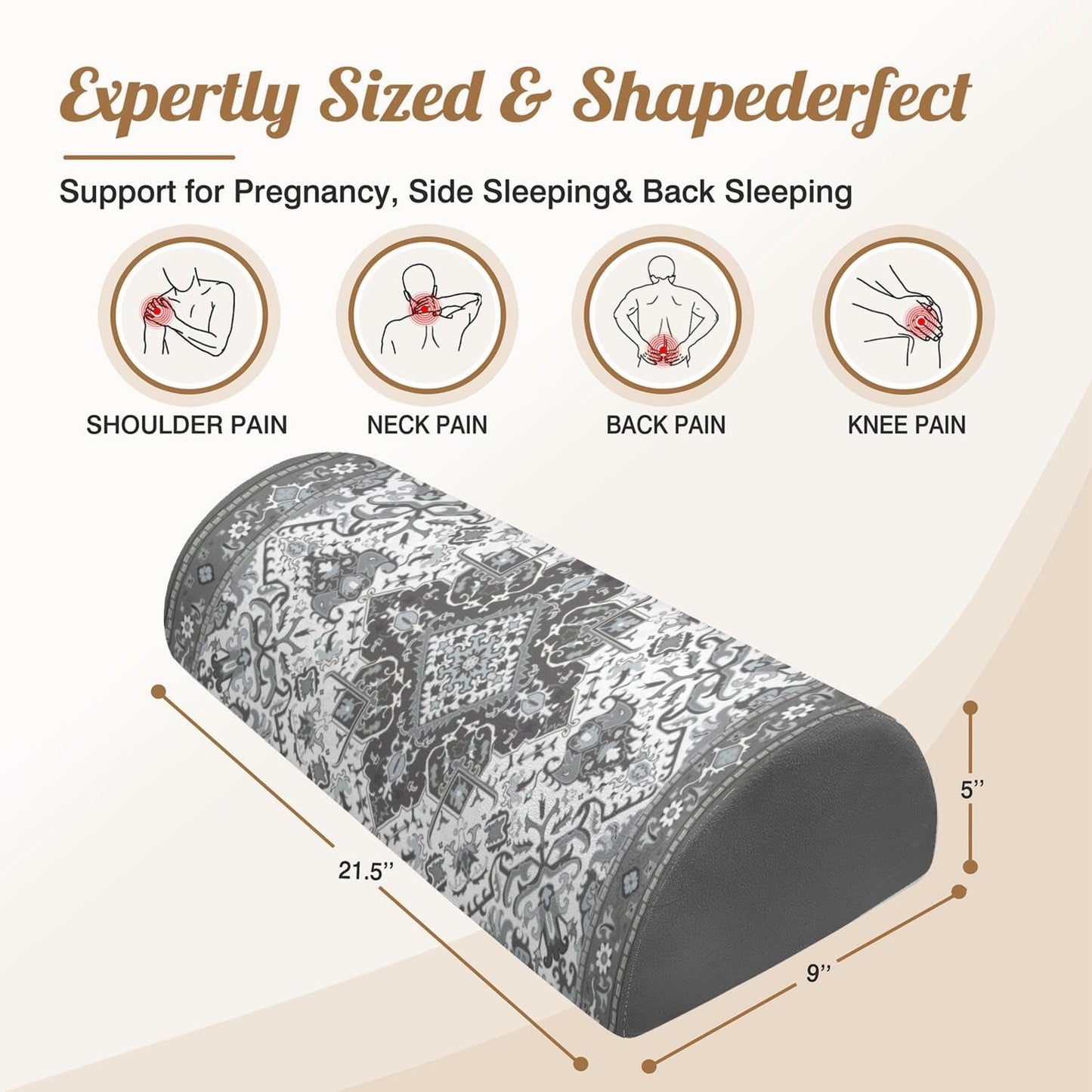 Knee Pillow for Back Sleeping – Half Moon Bolster Pillow for Legs,Under Knee While Sleeping Support, Leg & Back Pain Relief (21.5x9x5 Inches),Machine Washable Cover