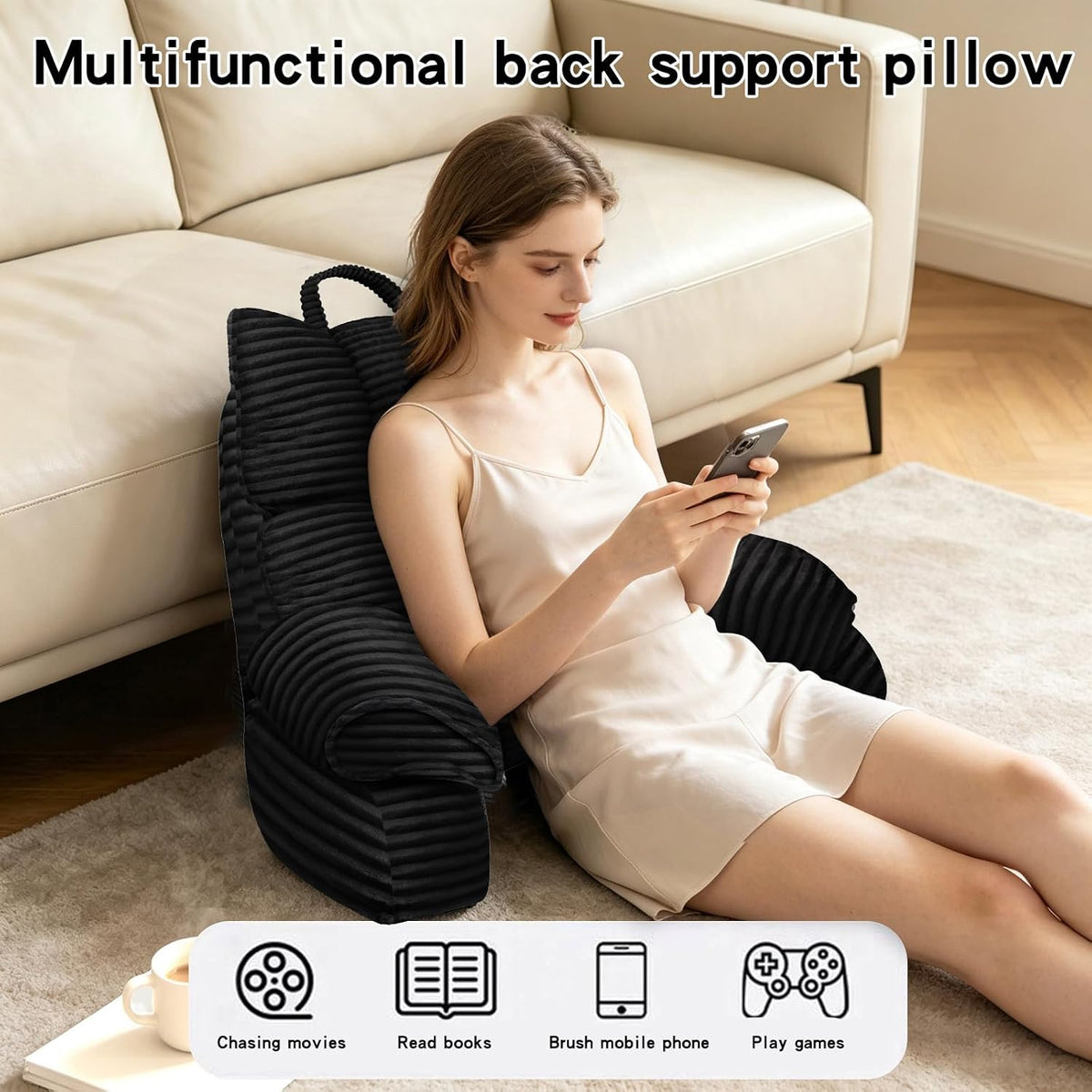 Reading Pillow for Bed with Arms, Back Support, Memory Foam（Grey Black）