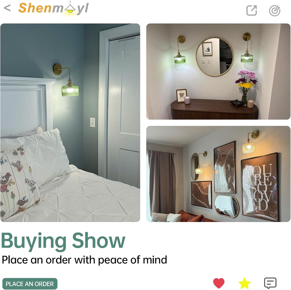 Shenmoyl Battery Operated Wall Sconce with Green Striped Shade Pattern Glass Adjustable Chain Retro Gold Wall Mounted Light, Modern Wall Lamp Fixtures Decor for Bedside Bedroom Indoor Doorway