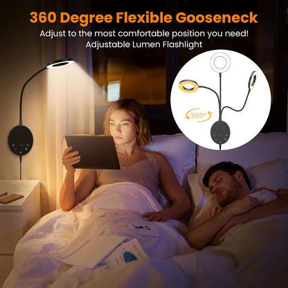 Wall Mounted Reading Light, Bedside Headboard Lights with 5 Color Temperature & 5 Dimming, 360 Flexible Gooseneck, USB Output, Night Light & Timer Function - Perfect for Reading (Black)