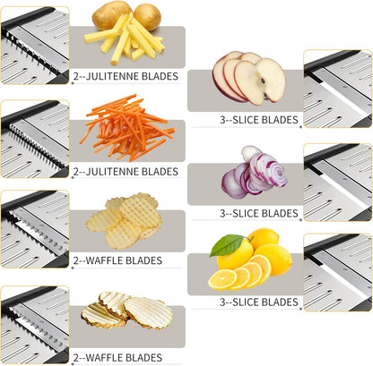-BINGBING- Mandoline Slicer for Kitchen, 7-in-1 Adjustable Vegetable Slicer | Stainless Steel Food slicer, Adjustable Blade, Slices, Julienne, Waffle and French Fries Cut, Includes Gloves and Brush