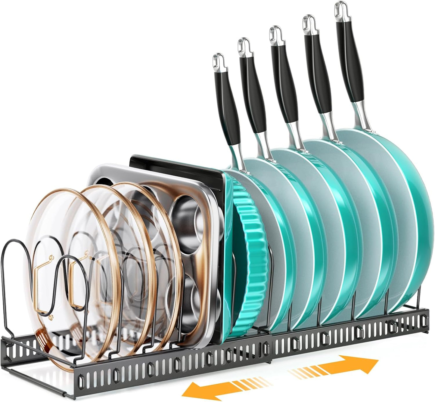 MUDEELA Expandable Pot Pan Lid Organizers inside Cabinet, 10 Divider-Black | Expandable 11.8–22.9", 10 Adjustable Divider, Tool-Free Assembly, Non-Slip, Scratch-Proof, For Pan Lid Cutting Board Bakeware
