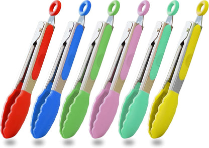HINMAY Mini Tongs with Silicone Tips 7-Inch Serving Tongs, Set of 3 (Red Blue Green)