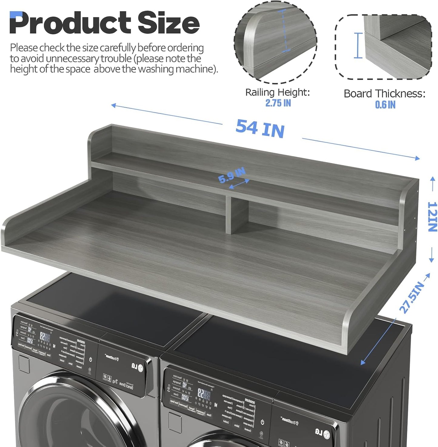 2-Tier Washer and Dryer Countertop with 2.75" H Guard,54" W x 27.5" D Laundry Countertop Cover with Non-Slip Pad,Large Space Laundry Topper for Folding Clothes Over Washer and Dryer-White