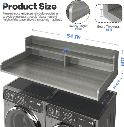 2-Tier Washer and Dryer Countertop with 2.75" H Guard,54" W x 27.5" D Laundry Countertop Cover with Non-Slip Pad,Large Space Laundry Topper for Folding Clothes Over Washer and Dryer-White