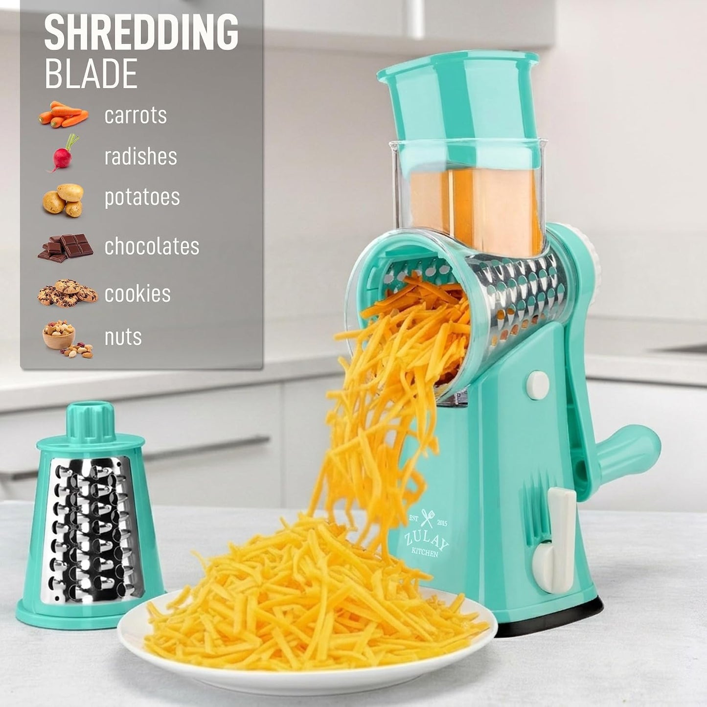 Zulay Kitchen Rotary Cheese Grater 5 Blade Cheese Shredder - Manual Hand Crank Cheese Grater With Reinforced Suction & 5 Interchangeable Drums - Easy to Use, Vegetable Chopper Round Mandoline Slicer - Colors B