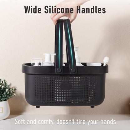 JiatuA Plastic Storage Basket with Handle Portable Shower Caddy Tote Organizer Basket Bin for Bathroom Kitchen Dorm Room Bedroom, Green | Sturdy Drainage Large Capacity Organizer Basket with Silicone Handles for Bathroom Kitchen Bedroom College Dorm