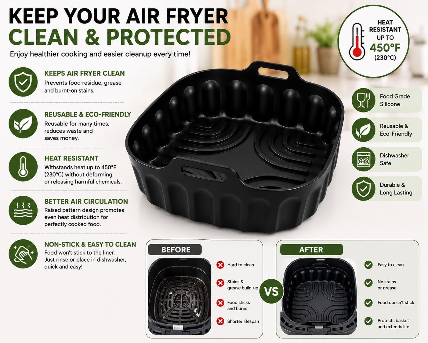 HBH Enterprises Silicone Air Fryer Liner for 5–6 QT Air Fryers, Reusable Food Grade Silicone Basket, Non-Stick, Dishwasher Safe, Heat Resistant to 450°F, Air Fryer Accessory, Black