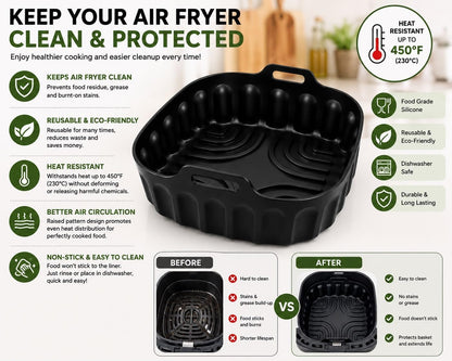 HBH Enterprises Silicone Air Fryer Liner for 5–6 QT Air Fryers, Reusable Food Grade Silicone Basket, Non-Stick, Dishwasher Safe, Heat Resistant to 450°F, Air Fryer Accessory, Black