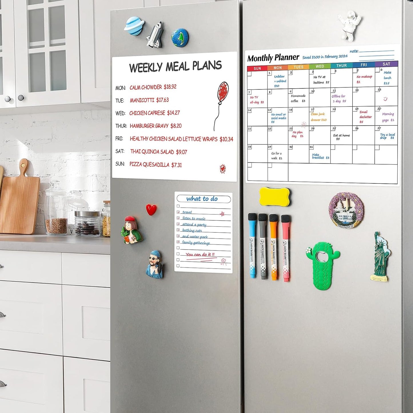 Dry Erase Magnetic Calendar for Refrigerator, 3 Pack- Monthly & Weekly & Daily Planner Magnet Whiteboard for Fridge Wall Door - Shopping, Meal/Menu, To Do List, Family Schedule Planning Board, 14"x11"