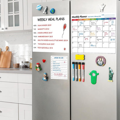 Dry Erase Magnetic Calendar for Refrigerator, 3 Pack- Monthly & Weekly & Daily Planner Magnet Whiteboard for Fridge Wall Door - Shopping, Meal/Menu, To Do List, Family Schedule Planning Board, 14"x11"