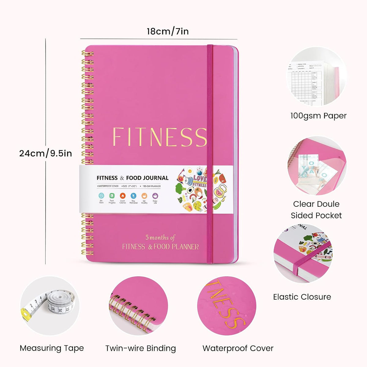 Fitness & Food Journal for Women, Undated 150-day Workout & Wellness Planner with Measuring Tape, Pink Weight Loss Journal for Setting Goals Tracking Exercise Training Diet Progress (9.5’’*7’’)