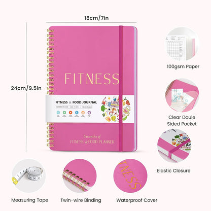 Fitness & Food Journal for Women, Undated 150-day Workout & Wellness Planner with Measuring Tape, Pink Weight Loss Journal for Setting Goals Tracking Exercise Training Diet Progress (9.5’’*7’’)