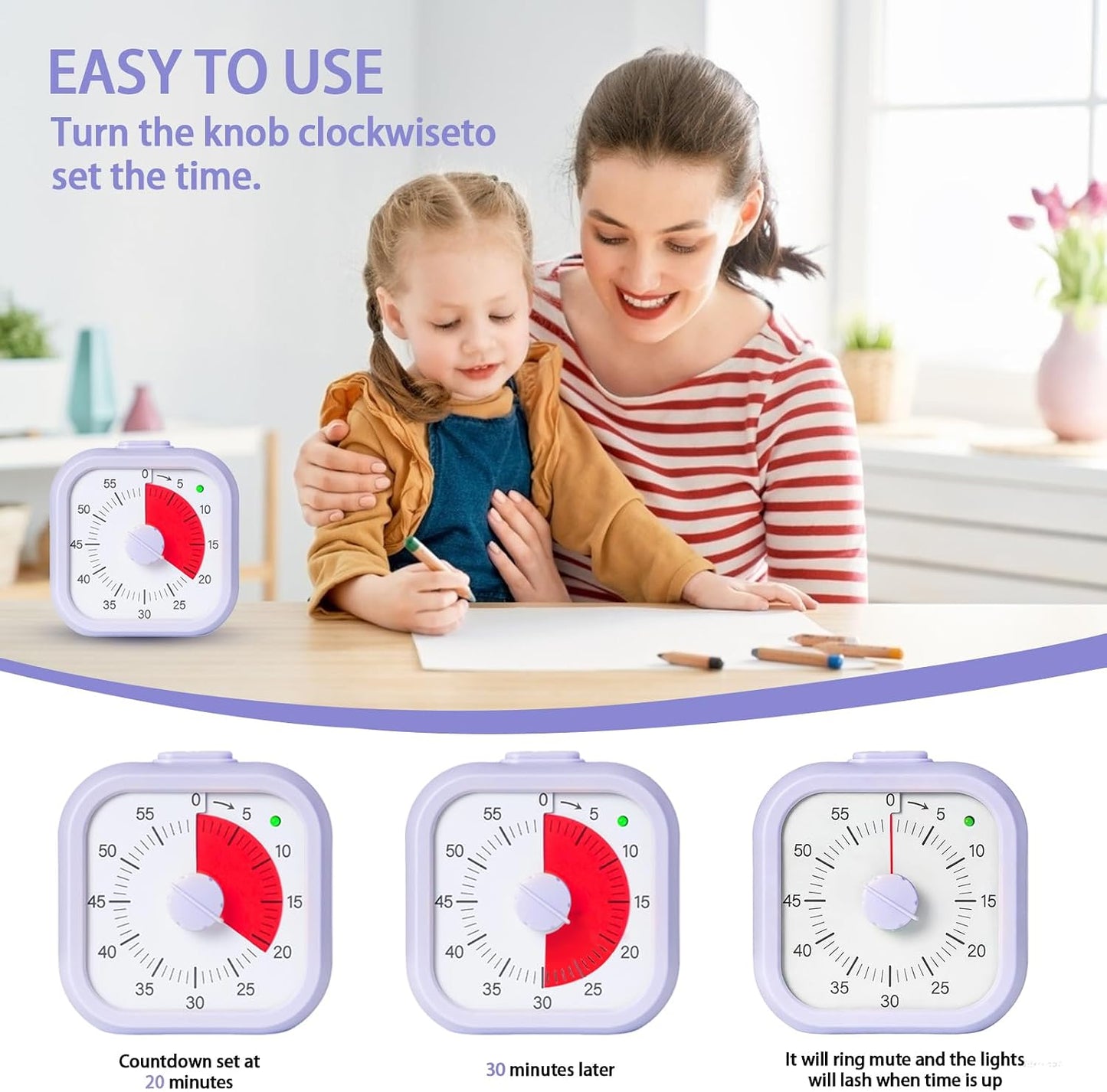 Visual Timer for Kids 60 Minute Countdown Timer Rainbow Disk Desk Timer Clock for Classroom Study Office Kitchen with Silent Operation (Purple)