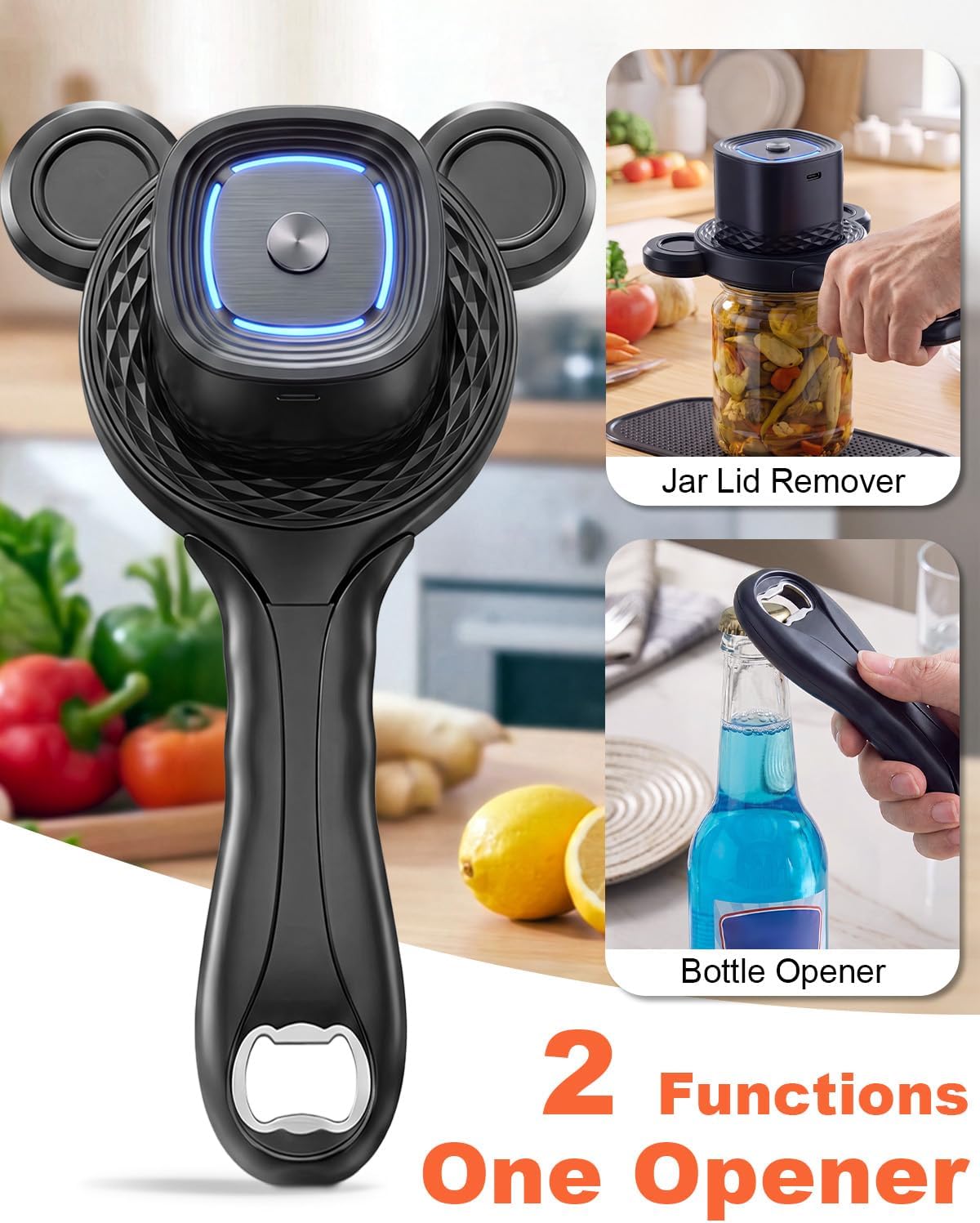 Electric Jar Opener with Non-Slip Grip for Seniors with Arthritis | 2-in-1 Automatic Jar & Bottle Opener Rechargeable, Easy Twist Off Lid Opener for Beer, Jar, Fits 1''-3.5'' Cap