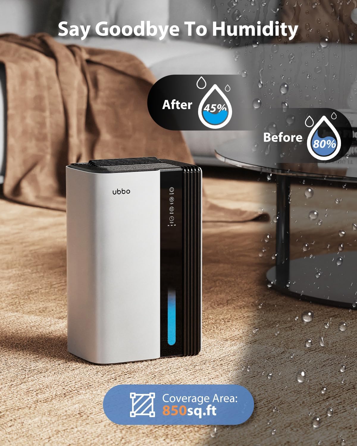 UBBO 95oz Dehumidifiers for Home, 1000 Sq.Ft Dehumidifier with Drain Hose - Auto Shut Off, Timer, Sleep Mode & Drain Hose - 7 Color Light for Bedroom, Bathroom, RV - Black