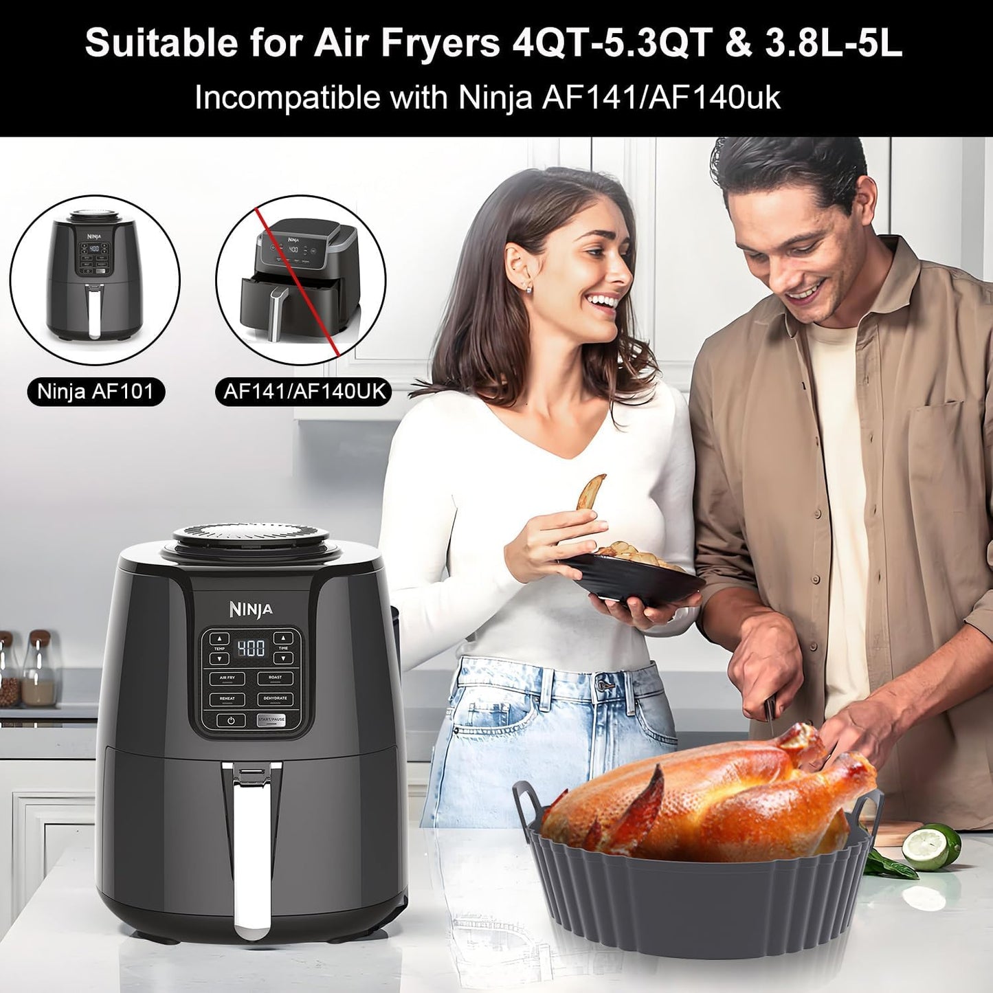 Silicone Air Fryer Liners 2 Pack, Reusable Liners Compatible for Ninja Foodi DZ201, DZ401, DZ550, COSORI, Chefman, Instant Air Fryer, and 6-in-1 8-10QT Air Fryer Baskets