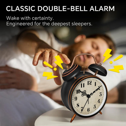 4.5" Metal Loud Alarm Clock for Heavy Sleepers Adults, Analog Battery Operated Alarm Clock with Bells Glow in Dark Numbers, Silent Old School Bedside Desk Clock for Bedroom Office Kids, Black