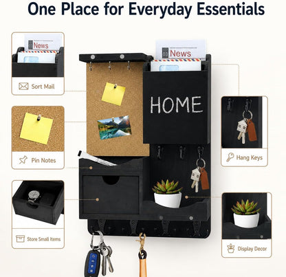 Key Holder for Wall Mount with Shelf and Mail Organizer, Key and Mail Holder with 16 Hooks, Farmhouse Entryway Organizer, Home Decor Rack (Pine Wood, White Washed)