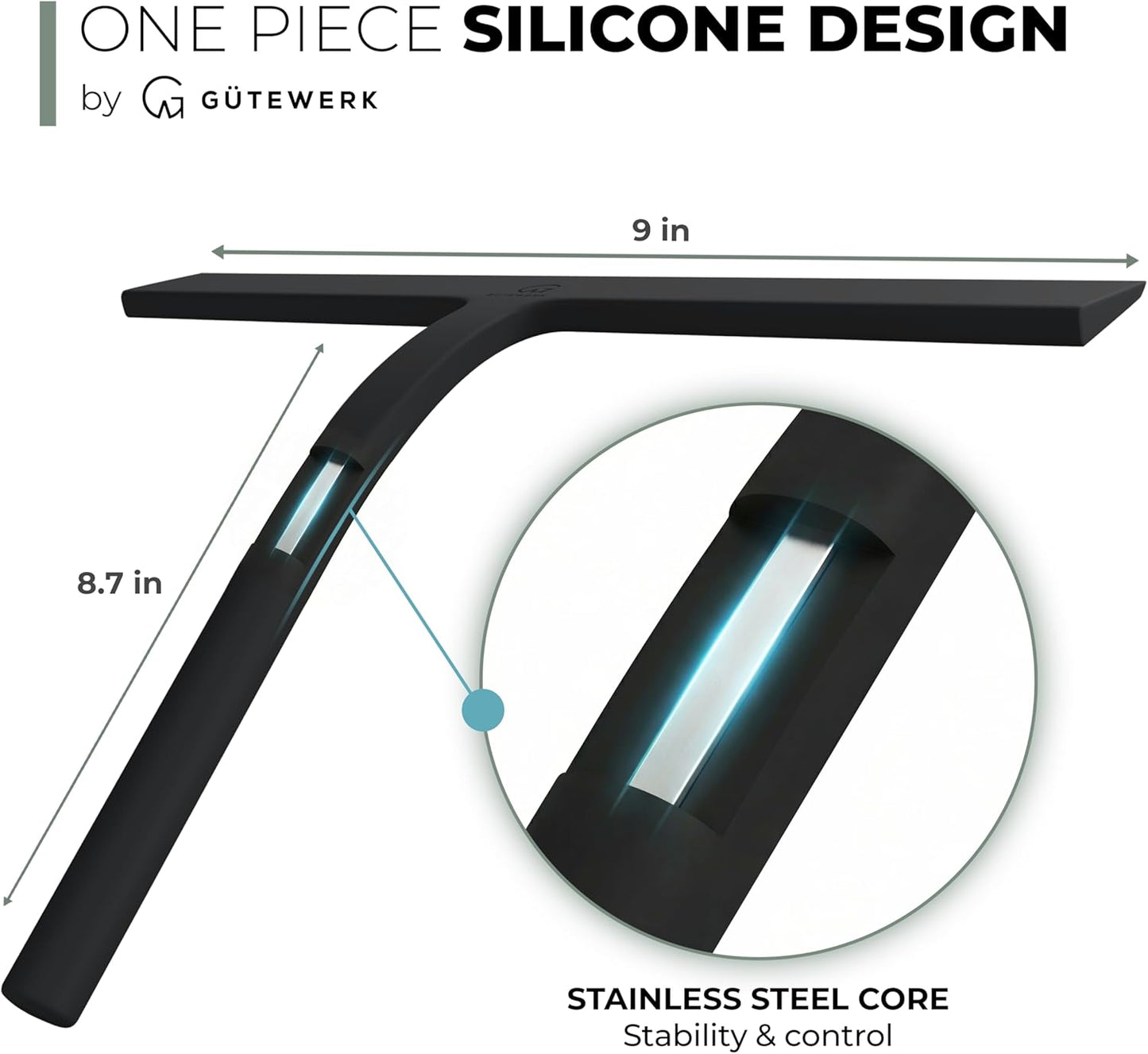 Silicone Shower Squeegee with 3-in-1 No-Drill Mount, Black, 9'' | Squeegee for Glass Doors & Mirrors with Stainless Steel Core, Streak-Free & No-Squeak Window Cleaning, Hook/Suction/Adhesive