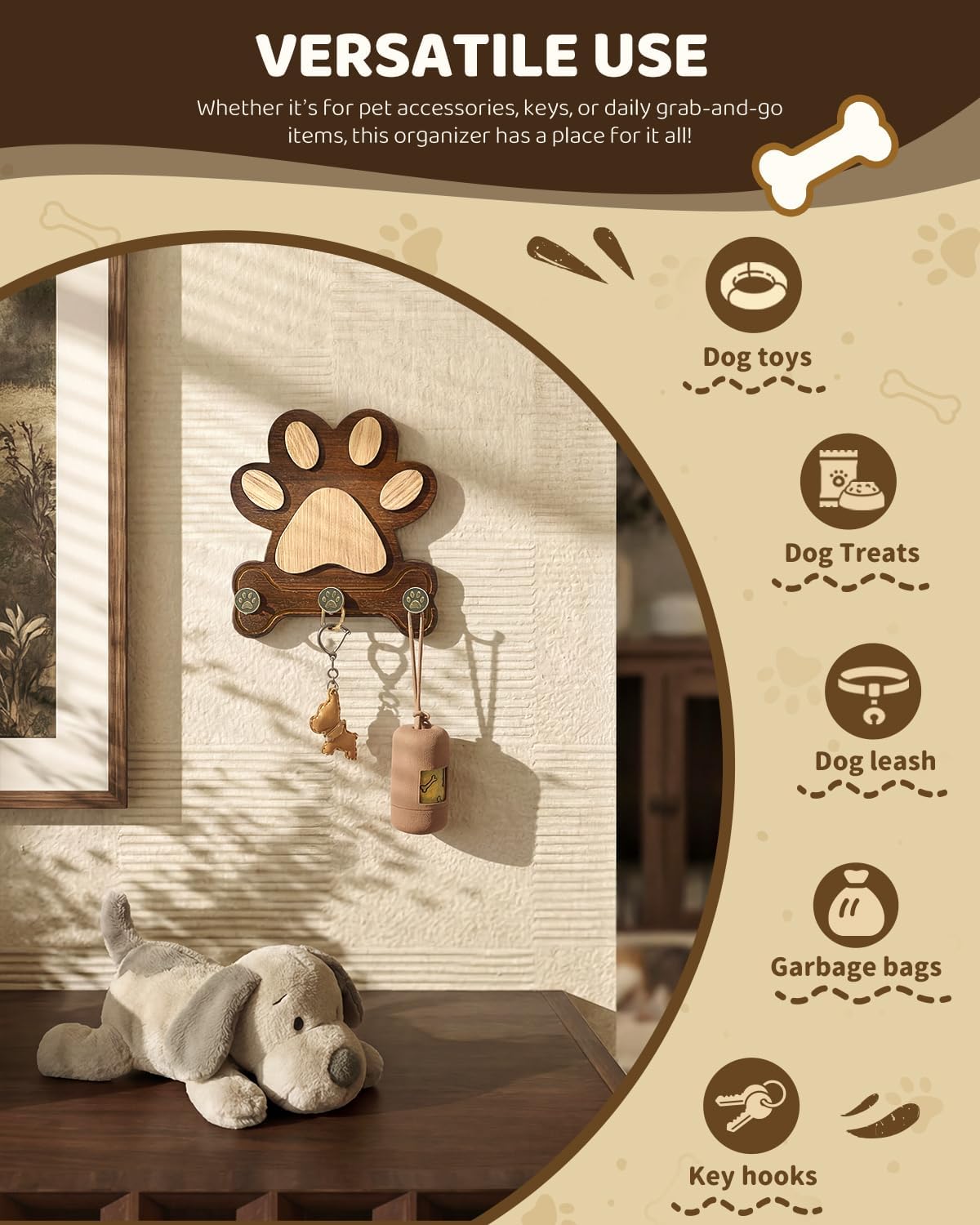 MTERSN Pine Wood Dog Leash Holder for Wall for Dog Walking Station, Black
