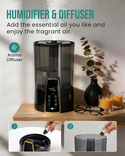 Humidifiers for Bedroom Large Room,1.06Gal(4L) Dishwasher Safe Design,Top Fill,Cool Mist,Humidity Control,Night Light,Aroma Diffuser,12H Timer,Sleep Mode,3 Level Mist,360° Nozzle,Black