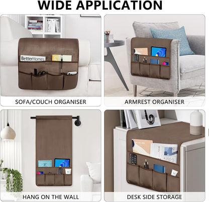 Remote Control Holder for Armchair Caddy, Remote Holder with 5 Pockets | Couch TV Remote Holder with Non-Slip Base, Bedside Caddy Organizer for Key Glasses Phone Magazine (Blue, 35"x12.4")