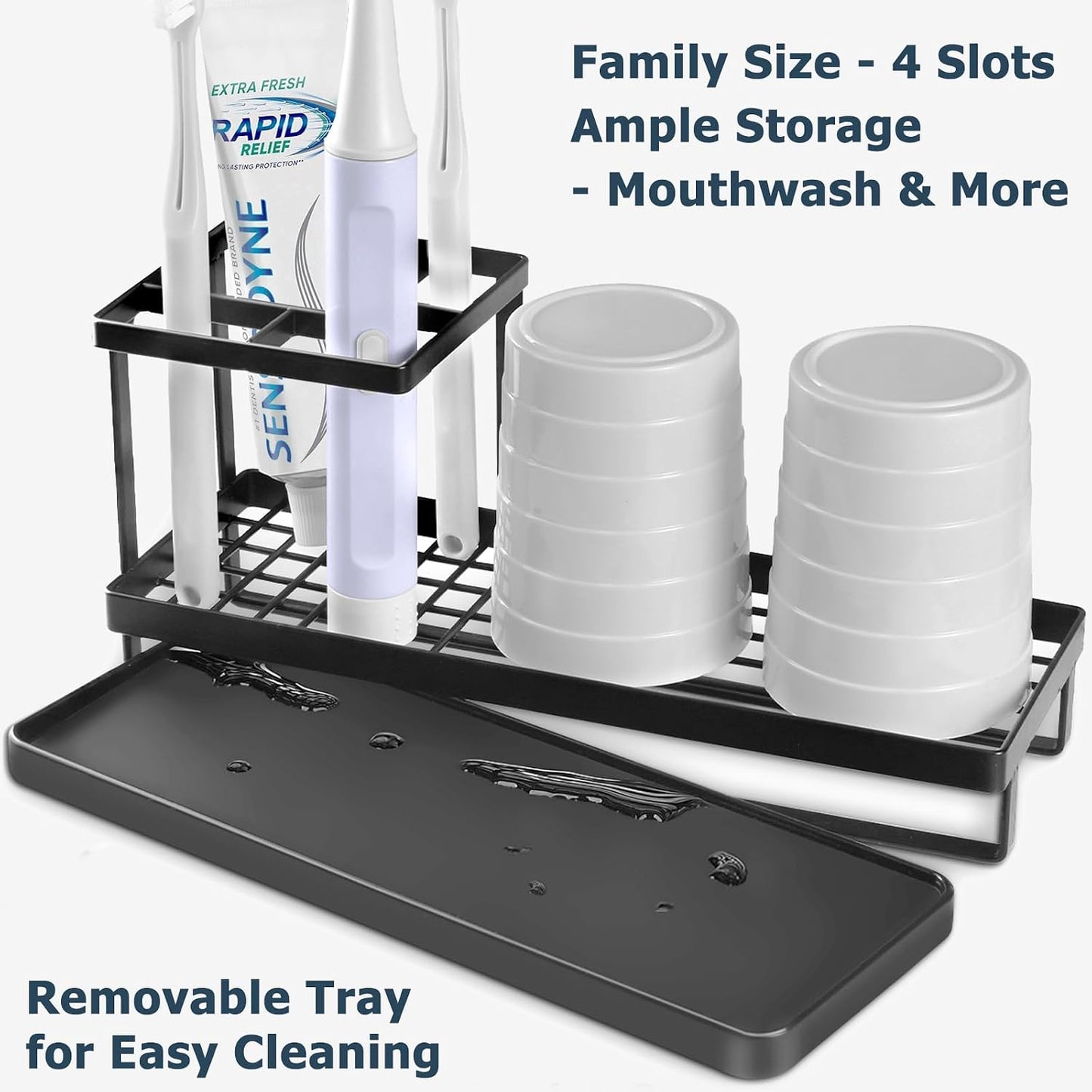 Toothbrush Holders for Bathrooms, 4 Slots Metal Tooth Brushing Organizer | Rustproof Electric Tooth Brush Toothpaste Holder with Drainage for Bathroom Countertop, White