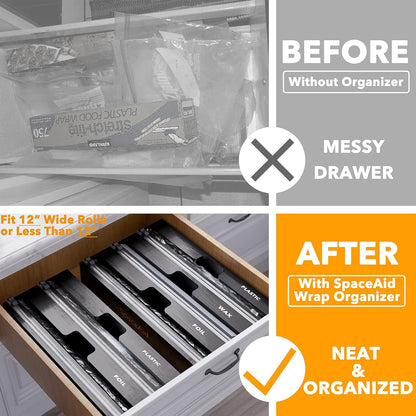 SpaceAid WrapNeat 2 in 1 Wrap Organizer with Cutter and Labels, Plastic Wrap, Aluminum Foil and Wax Bamboo Dispenser for Kitchen Storage Organization Holder for 12" Roll (Natural)