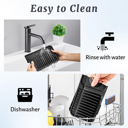 PoYang 24 Inch Faucet Mat for Kitchen Sink Splash Guard, Silicone, Black | Sink Protectors with 7° Slope for Smooth Drainage, Snap Button Holds It in Place, 90° Foldable & Cuttable Hole Fit Most Sinks