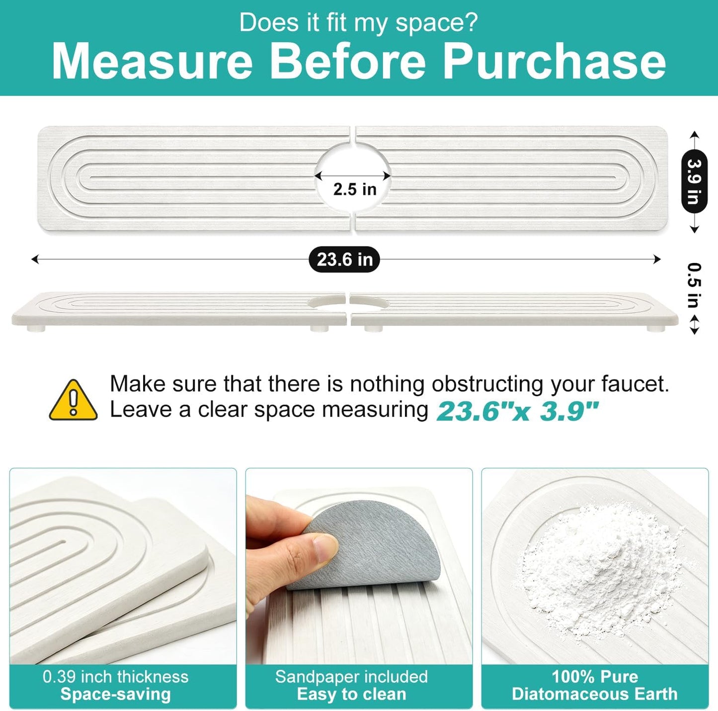 Fast Dry Stone Faucet Mat for Bathroom Sink Kitchen Counter Marble Trays | Small Diatomite Sink Splash Guard White Absorbent Tray Counter Quick Drying Stone Kitchen Diatomaceous Earth Around Faucet