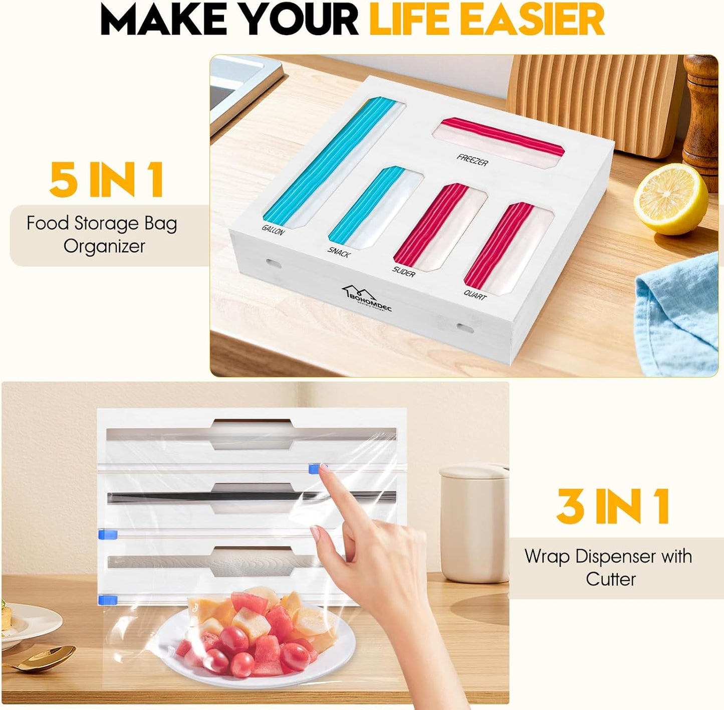 9 in 1 Foil and Plastic Wrap Dispenser with Cutter, Black Bamboo Ziplock Bag Organizer for Drawer - Holds Gallon, Quart Bags & Aluminum Foil/Wax Paper, Wall Mountable Kitchen Storage