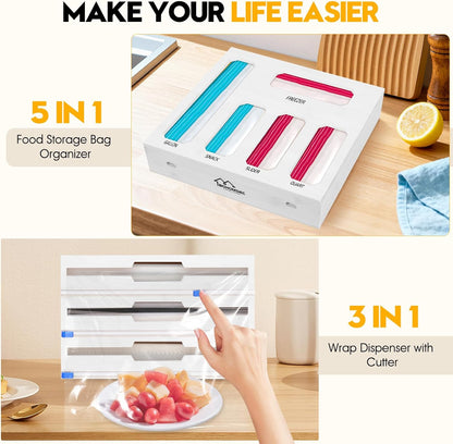 9 in 1 Foil and Plastic Wrap Dispenser with Cutter, Black Bamboo Ziplock Bag Organizer for Drawer - Holds Gallon, Quart Bags & Aluminum Foil/Wax Paper, Wall Mountable Kitchen Storage