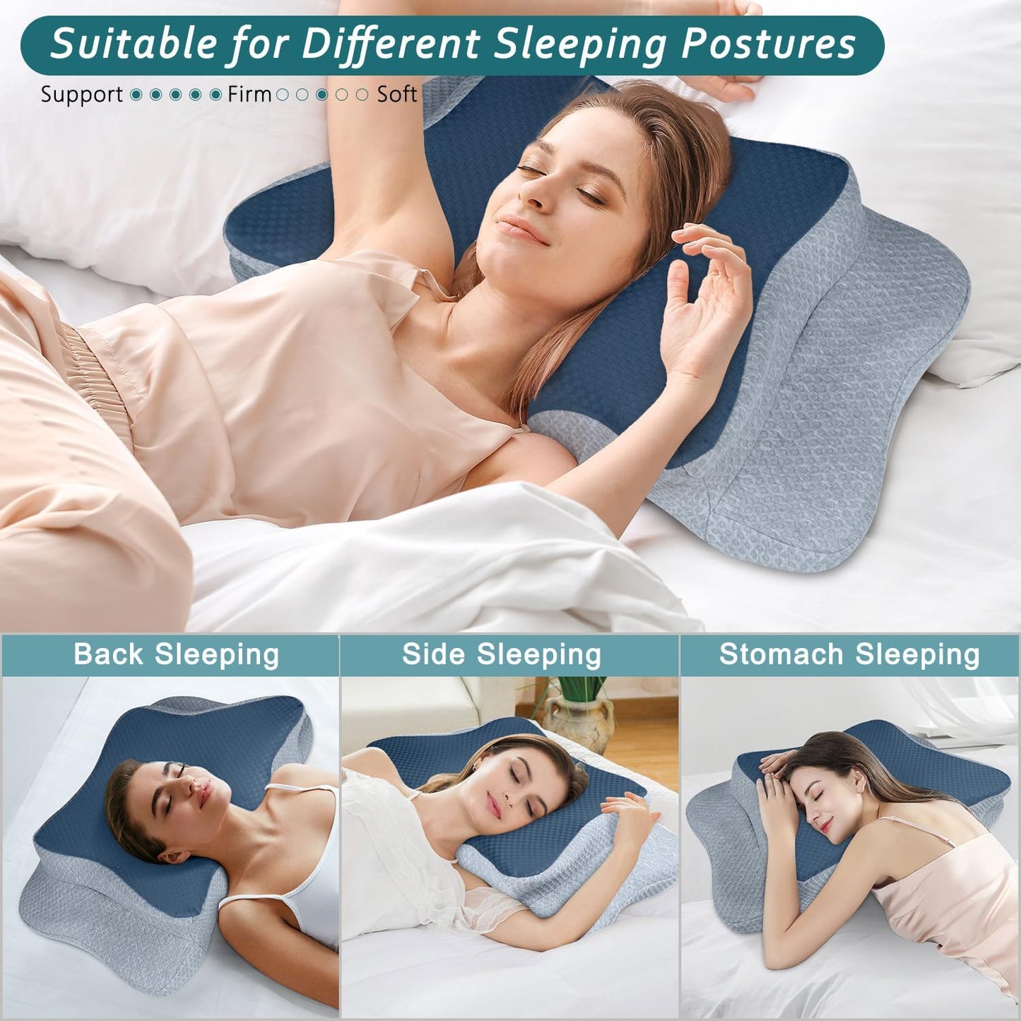 CHxxy Memory Foam Pillows, Cervical Pillow for Neck & Shoulder Pain Relief | Ergonomic Contour Bed Pillow, Soft for Side Sleep Stomach Sleeping and Back Sleeper-Queen Size&Grey