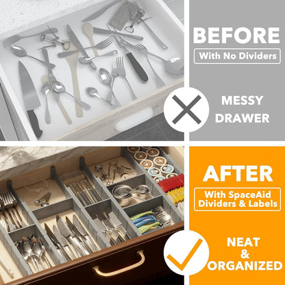 SpaceAid Bamboo Drawer Dividers with Inserts and Labels, Kitchen Adjustable Drawer Organizers, Expandable Organization for Home, Office, Dressers, 4 Dividers with 9 Inserts (17"-22" Natural)