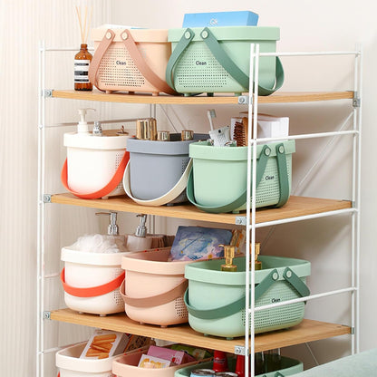 JiatuA Plastic Storage Basket with Handle Portable Shower Caddy Tote Organizer Basket Bin for Bathroom Kitchen Dorm Room Bedroom, Green | Sturdy Drainage Large Capacity Organizer Basket with Silicone Handles for Bathroom Kitchen Bedroom College Dorm
