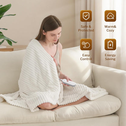 Heated Throw Blanket, 5 Heat Levels, 3 Hours Auto-Off, White | ETL & FCC certified, 50" × 60", OEKO-TEX fabric, machine washable, 100W low energy
