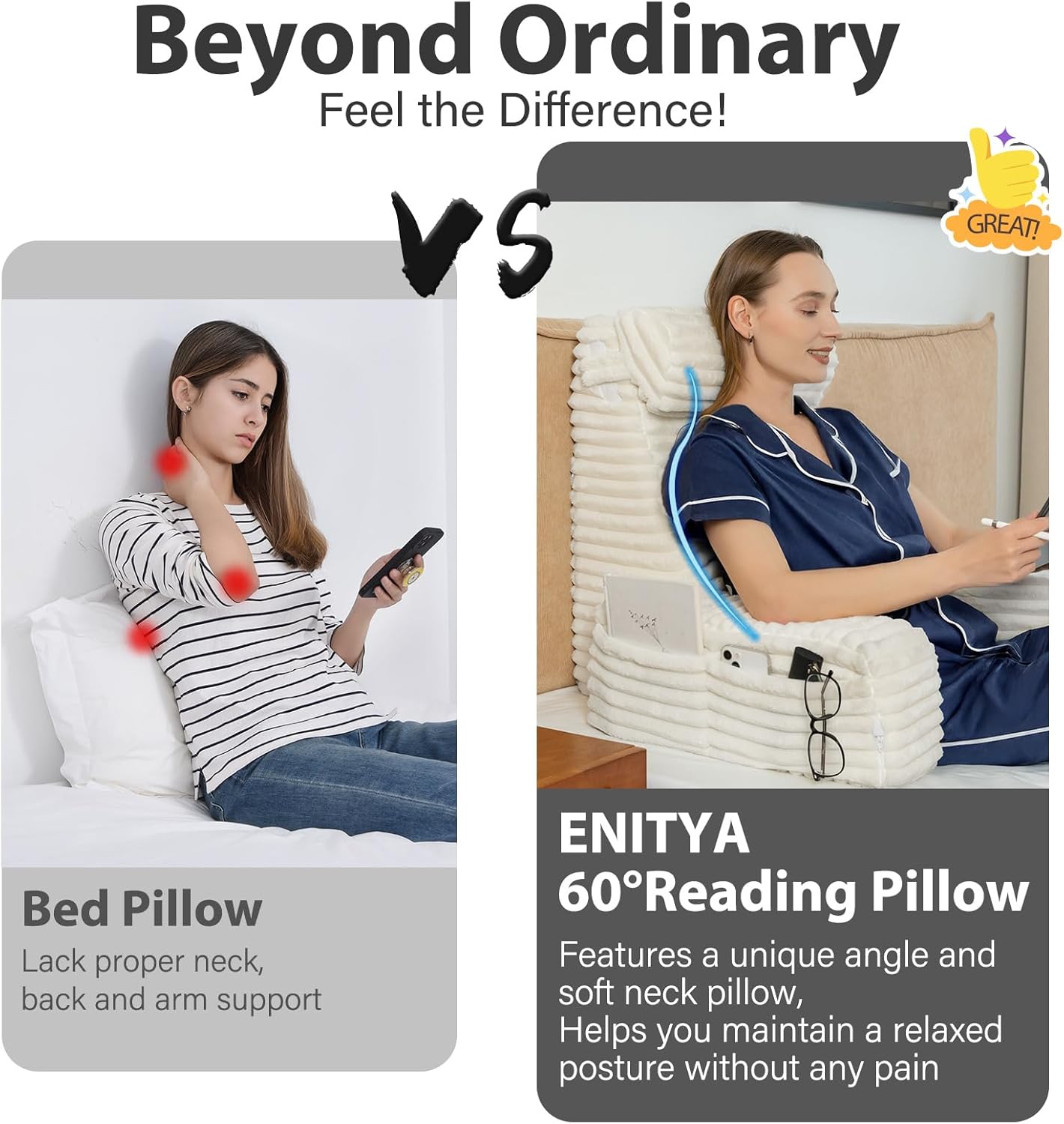ENITYA 22" XL Back Pillow for Bed Sitting Up with Armrests & Big Pockets | Reading Pillow for Bed, Soft Back Support Chair, Ideal for Watching TV, Gaming, Nursing, Resting, Post Surgery, Dark Grey
