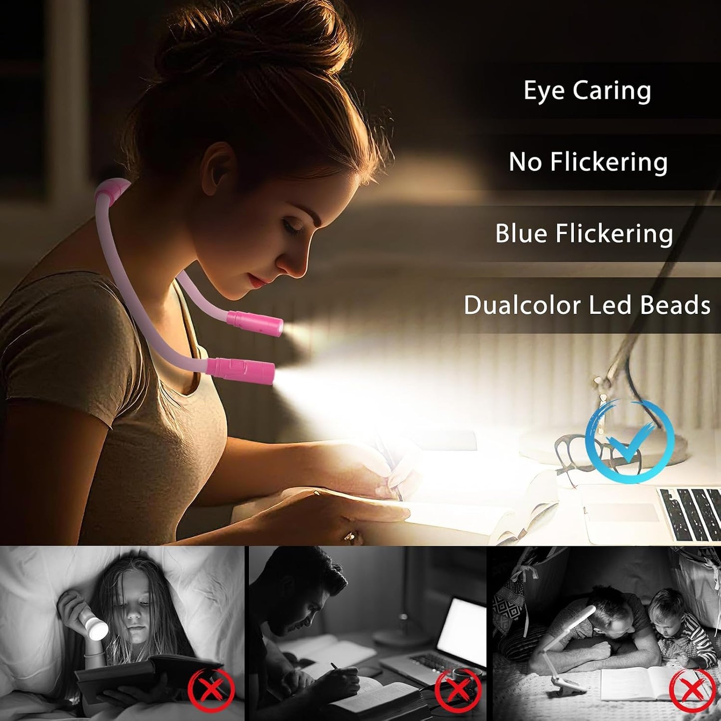 Rechargeable Hands-Free Neck Light with 3 Adjustable Color Modes, Black | Stepless Dimming, Flicker-Free Eye Protection, Flexible & Bendable, Long Battery Runtime, Protable Lightweight