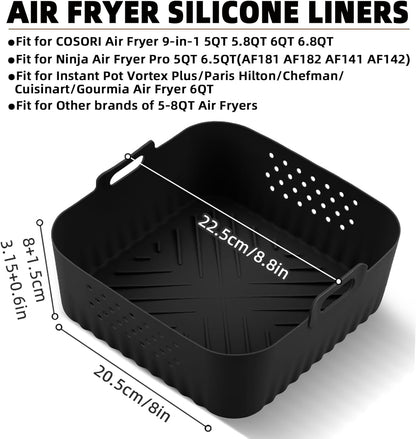 LYHOLKEER Air Fryer Silicone Liners for COSORI Air Fryer 9-in-1 5QT 5.8QT 6QT 6.8QT,2 Pcs Reusable Square Airfryer Liners for Ninja/Instant Pot Vortex Plus/Paris Hilton/Chefman/Cuisinart/Gourmia 6QT