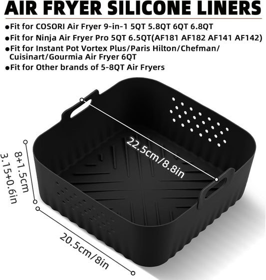 LYHOLKEER Air Fryer Silicone Liners for COSORI Air Fryer 9-in-1 5QT 5.8QT 6QT 6.8QT,2 Pcs Reusable Square Airfryer Liners for Ninja/Instant Pot Vortex Plus/Paris Hilton/Chefman/Cuisinart/Gourmia 6QT
