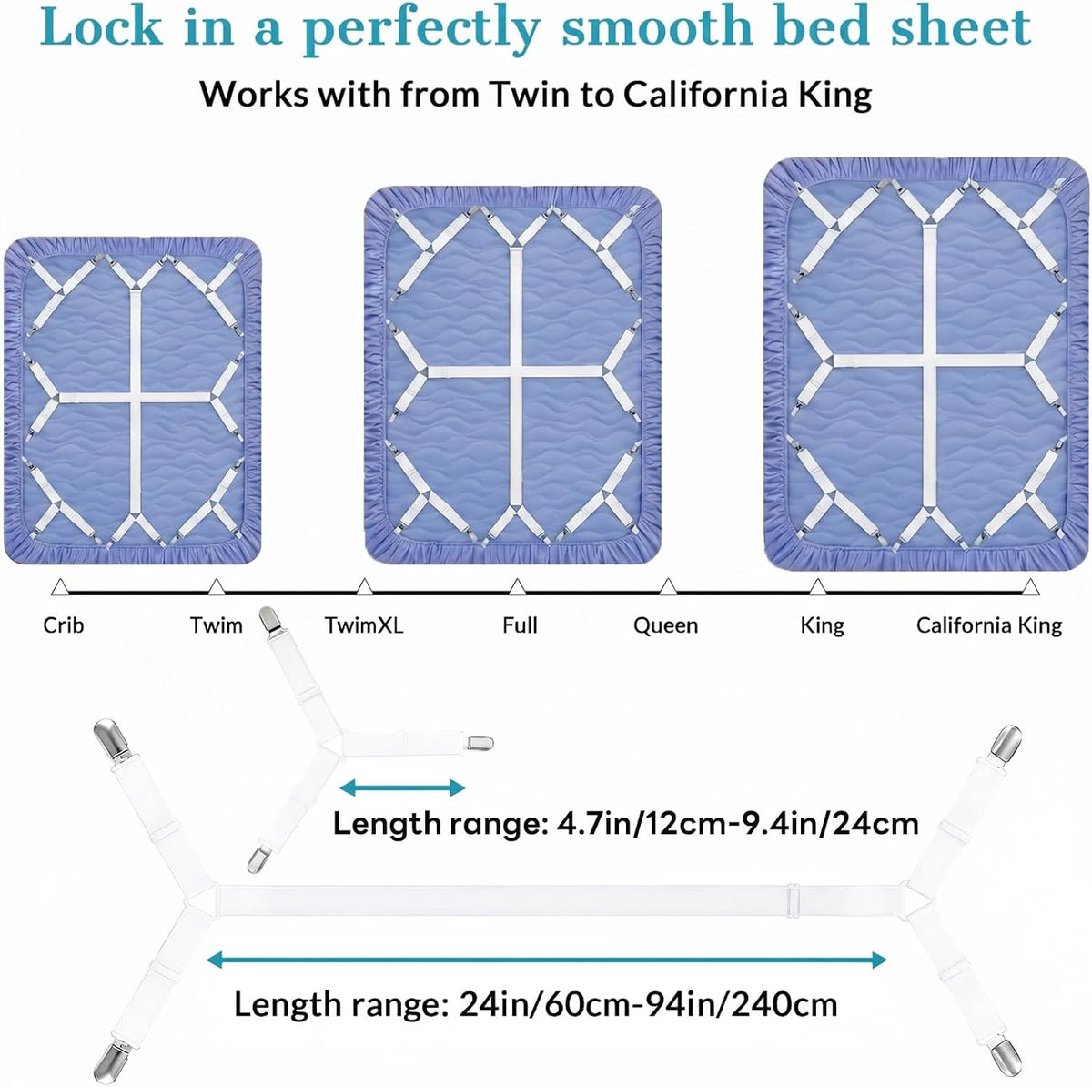 2 Pack Bed Sheet Holders - Adjustable Criss Cross Sheet Strap White