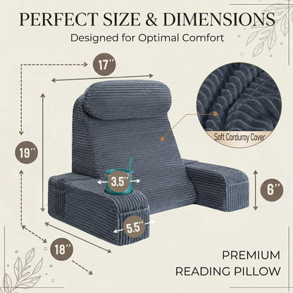 21 INCH Reading Pillow for Adults, Back Pillow for Bed Sitting Up, Backrest Pillow for Sitting in Bed, Detachable Arms with Built-in Cup & Phone Caddy (Gray, 21 INCH)