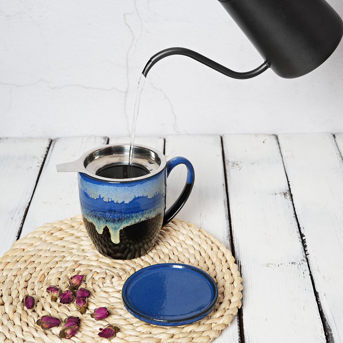 Bosmarlin Ceramic Tea Cup with Infuser and Lid, 16 Oz, 4 Color to Choose Dishwasher and Microwave Safe, Steeping Tea Mug with Strainer (Blue)