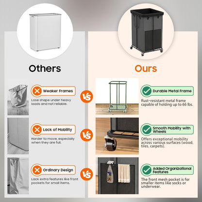 Laundry Hamper with Wheels, 150L Rolling Laundry Basket with Bag & Handles | Sturdy Metal Frame | Removable Bag | Large & Tall Dirty Clothes Hampers for Laundry Room, Bedroom, Dorm, Bathroom-Black