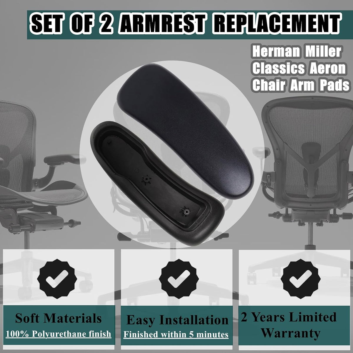 Chair Armrest Replacement, Arm Pad Caps Replacement for Herman Miller Classic Aeron Chair Graphite Black 1 Pair