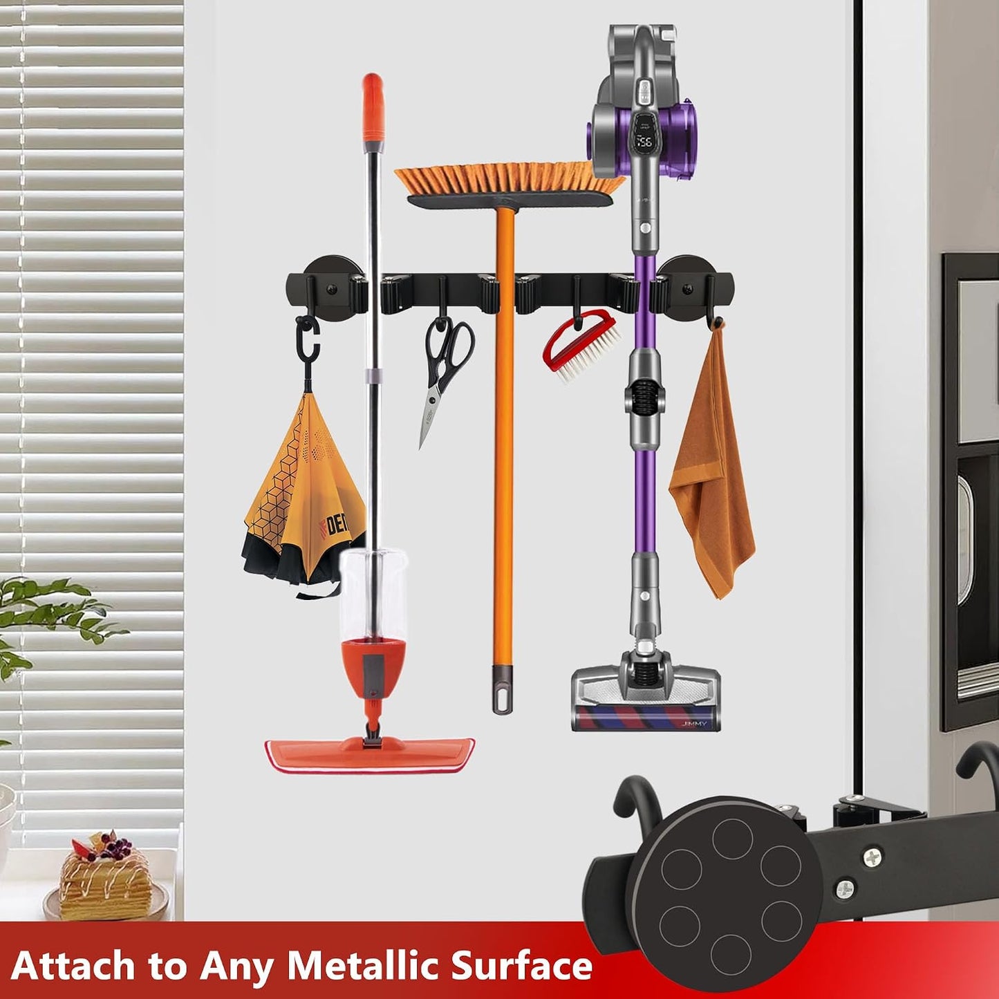 ULIBERMAGNET Magnetic Mop Broom Holder,Heavy Duty Movable Magnetic Broom Holder Rack,Anti-slip Wall Mounted Utility Storage Mop Shovel Gripper Hanger for Garage, Kitchen, Laundry, Garden(2 Pack/Black)
