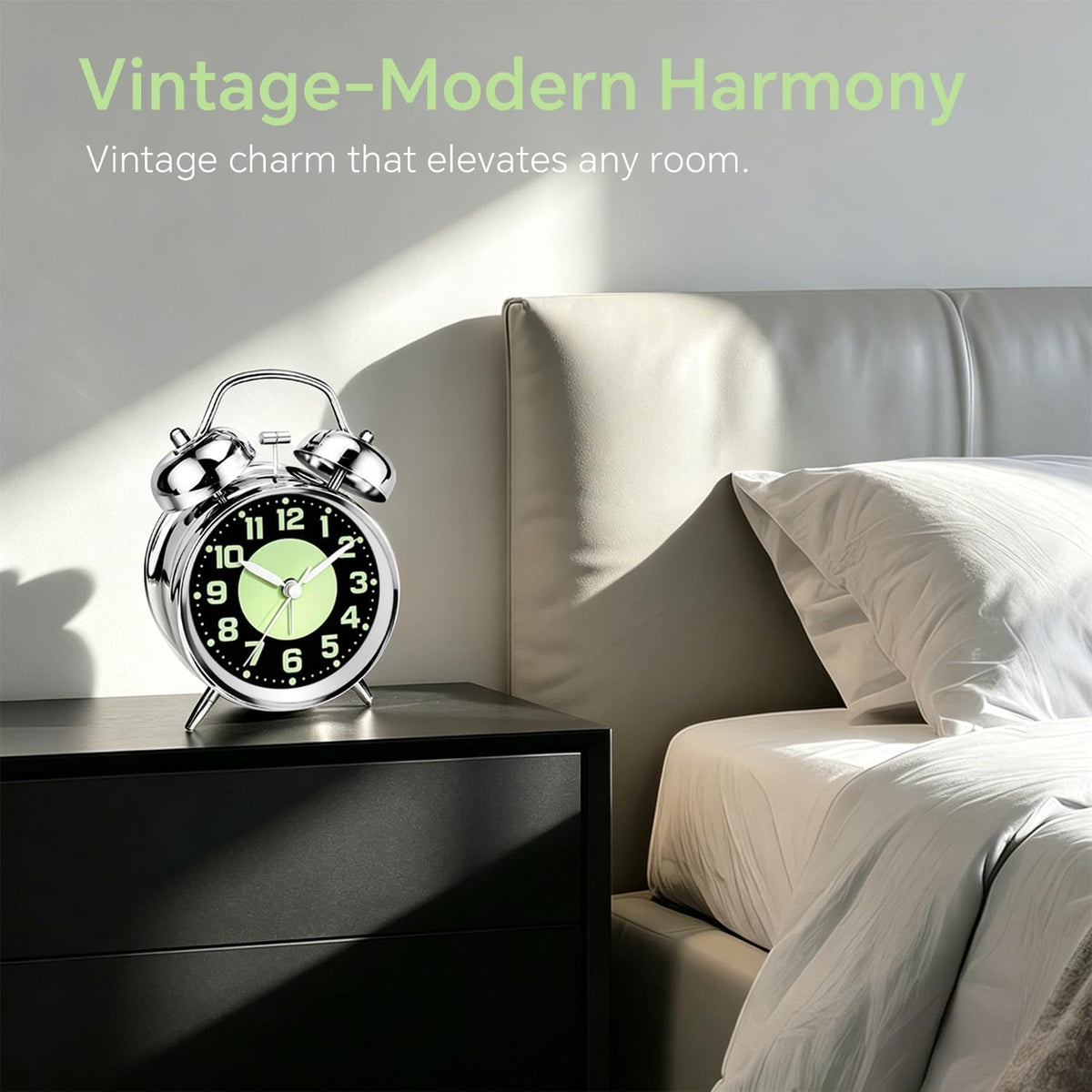 4.5" Metal Loud Alarm Clock for Heavy Sleepers Adults, Analog Battery Operated Alarm Clock with Bells Glow in Dark Numbers, Silent Old School Bedside Desk Clock for Bedroom Office Kids, Black