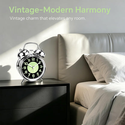4.5" Metal Loud Alarm Clock for Heavy Sleepers Adults, Analog Battery Operated Alarm Clock with Bells Glow in Dark Numbers, Silent Old School Bedside Desk Clock for Bedroom Office Kids, Black